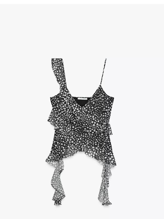Zara Tops - Zara Black and White Polka Dot Ruffle Asymmetric Cami